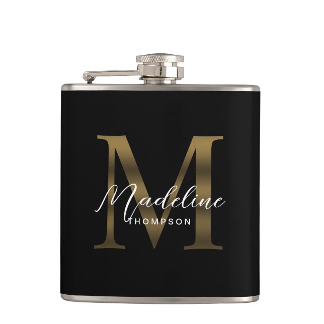 Simple Chic Script Metallic Black Gold Monogram Flask (Front)