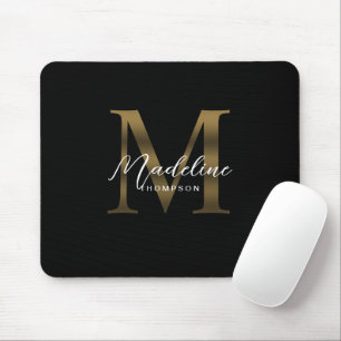 Simple Chic Script Metallic Black Gold Monogram Mouse Pad