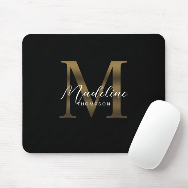 Simple Chic Script Metallic Black Gold Monogram Mouse Pad (With Mouse)