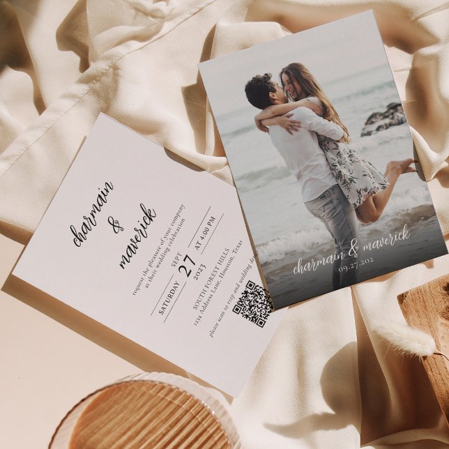 Simple Chic Script Photo QR Code Wedding Invitatio Invitation (Creator Uploaded)