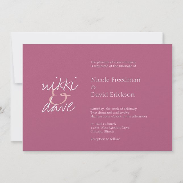 Simple chic shimmer elegance rhubarb pink wedding invitation (Front)