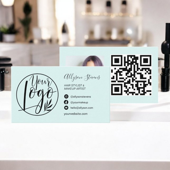 Simple chic teal hair makeup photo logo qr code business card (Simple chic teal hair makeup photo logo qr code business card)