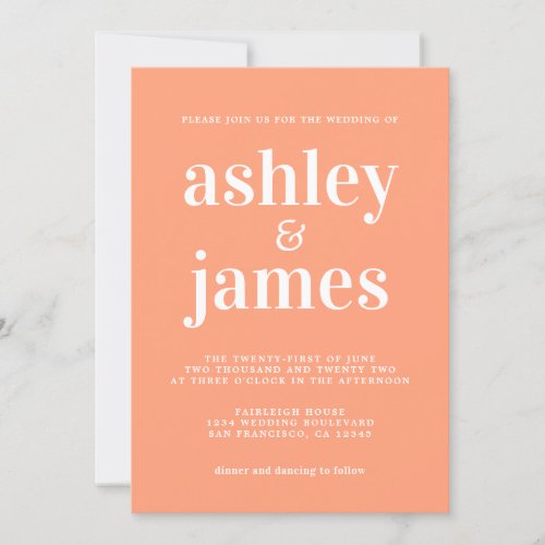 Simple Chic Typography Cantaloupe Orange Wedding Invitation