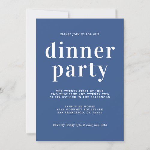 Simple Chic Typography Classic Blue Dinner Party Invitation