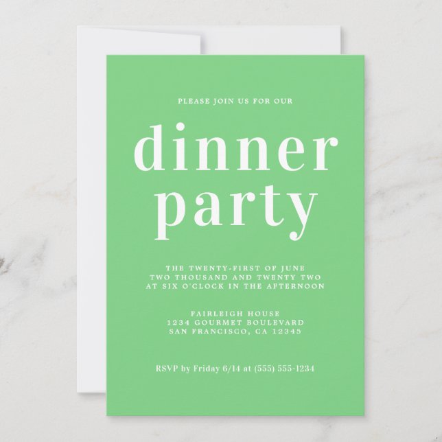 Simple Chic Typography Summer Green Dinner Party Invitation (Front)