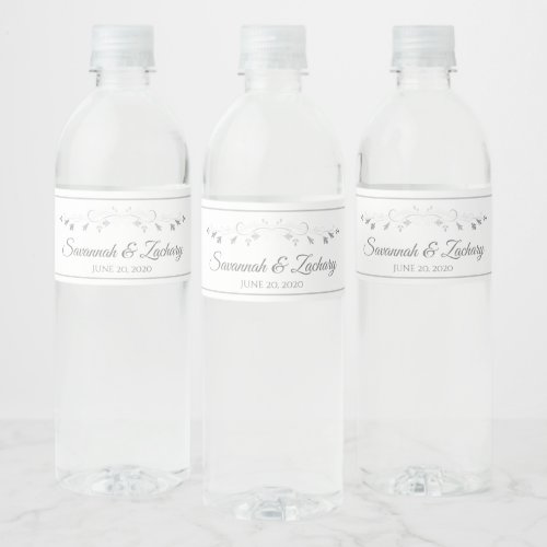 Simple Chic Vintage Floral Silver Flourish Wedding Water Bottle Label