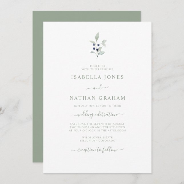 Simple Chic Watercolor Sage Navy Botanical Wedding Invitation (Front/Back)