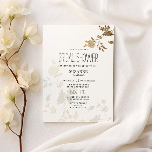 Simple chic white gold glitter flora Bridal Shower Invitation