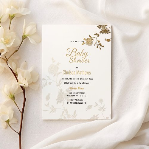 Simple chic white gold glitter floral  Baby Shower Invitation Postcard