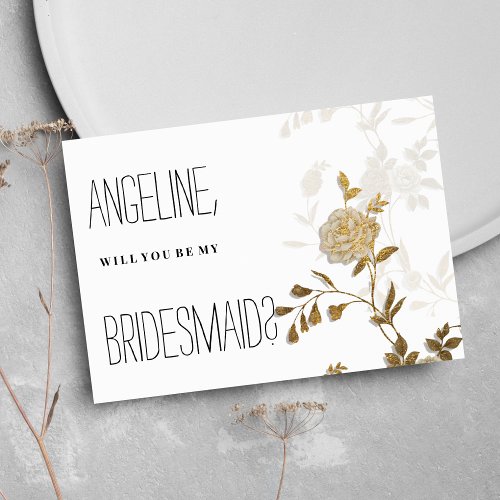 Simple chic white gold glitter floral Bridesmaid Invitation