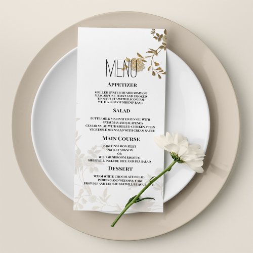 Simple chic white gold glitter floral Wedding Menu