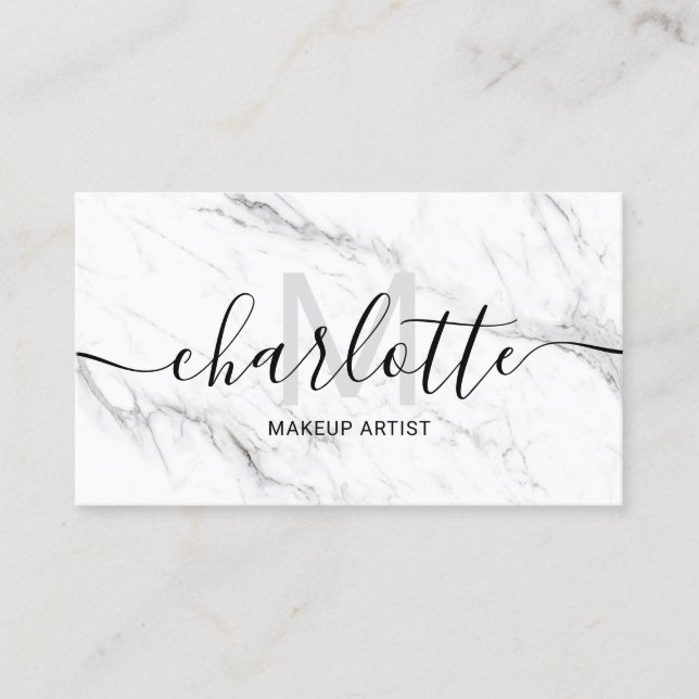 Simple chic white marble name makeup logo business card (Front)