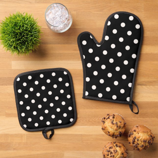 Simple Chic White Polkadots Pattern On Black Oven Mitt & Pot Holder Set (Top Down)