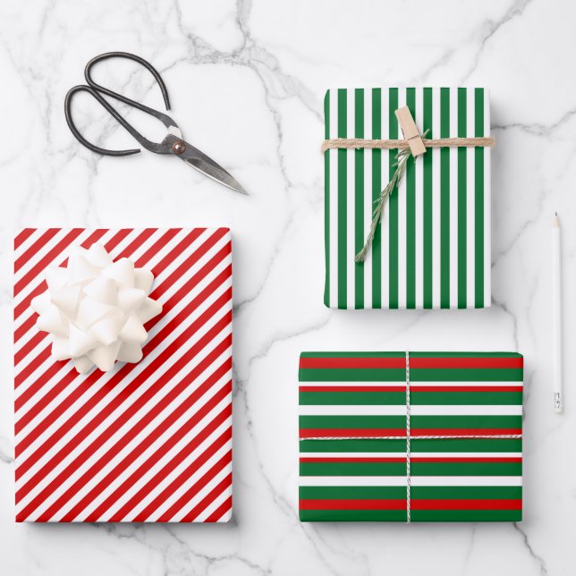 Simple Chic White Stripes Pattern On Red And Green Wrapping Paper Sheets (Front)