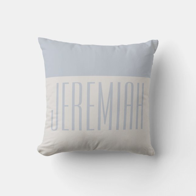 Simple Child's Name Dusty Blue & Cream Nursery Throw Pillow (Front)