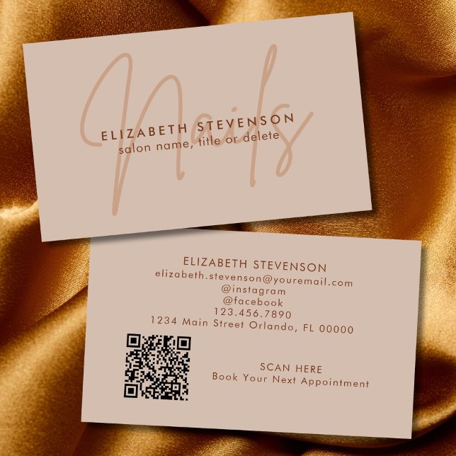 Simple Chocolate Brown Script Nail Artist QR Code Business Card (Creator Uploaded)