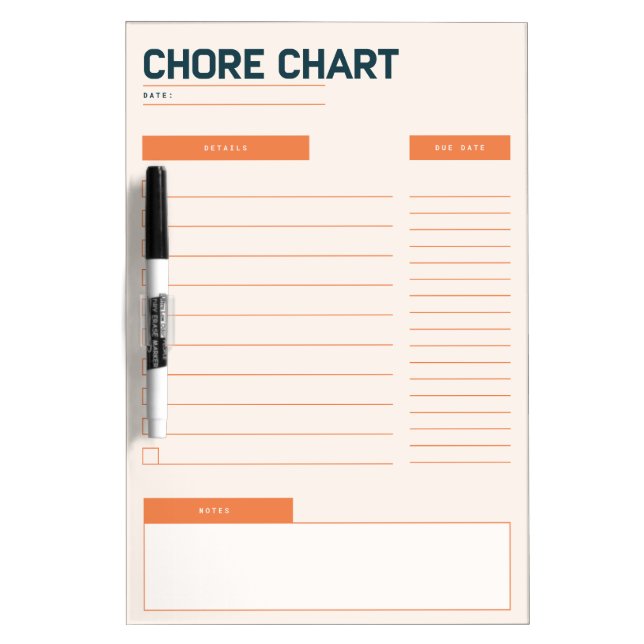 Simple Chore Chart with Due Dates & Notes Section Dry Erase Board (Front)