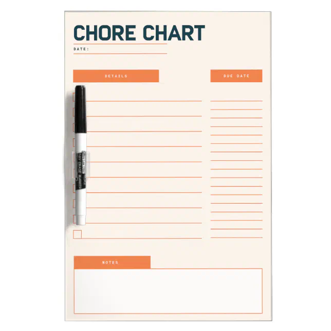 Simple Chore Chart with Due Dates & Notes Section Dry Erase Board | Zazzle