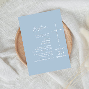 Simple Christening Dusty Blue Baby Boy Baptism Invitation