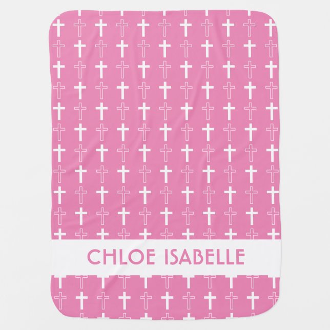 Simple Christian Cross Pattern Pink Baby Name Baby Blanket (Front)