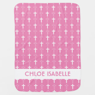 Simple Christian Cross Pattern Pink Baby Name Blanket