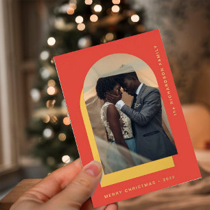 Simple Christmas Arch Modern Two Photo Red Foil Holiday Card