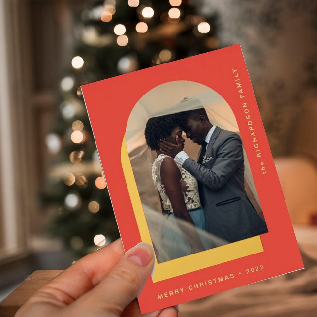 Simple Christmas Arch | Modern Two Photo Red Foil Holiday Card (Creator Uploaded)