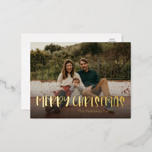 Simple Christmas Full Photo Gold Foil Holiday Postcard