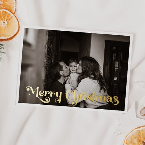 Simple Christmas Full Photo Merry Christmas Gold Foil Holiday Postcard