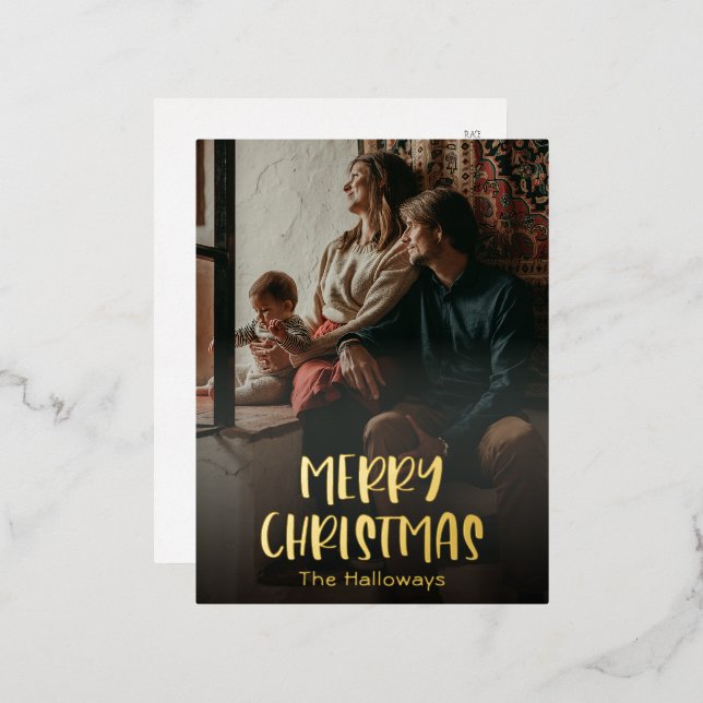 Simple Christmas Full Vertical Photo Gold Foil Holiday Postcard (Front/Back)