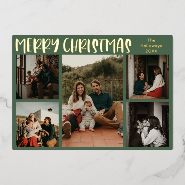 Simple Christmas Green Five Photo Gold Foil Holiday Card (Front)