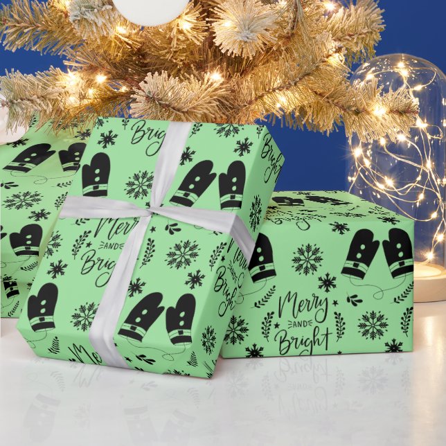 Simple Christmas Green Merry & Bright Mittens Wrapping Paper (Holidays)