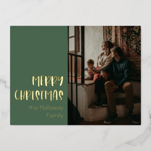 Simple Christmas  Green Single Photo Gold Foil Holiday Postcard