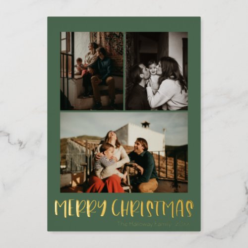 Simple Christmas Green Vertical 3 Photo  Gold Foil Holiday Card