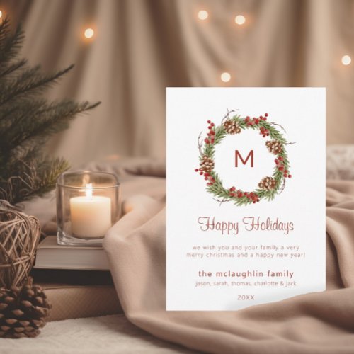 Simple Christmas Greenery Monogram Holiday Card