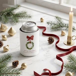 Simple Christmas Greenery Wreath Red Bow Can Cooler