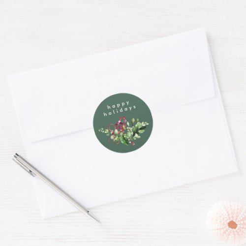 Simple Christmas Happy Holidays Dark Green Classic Round Sticker