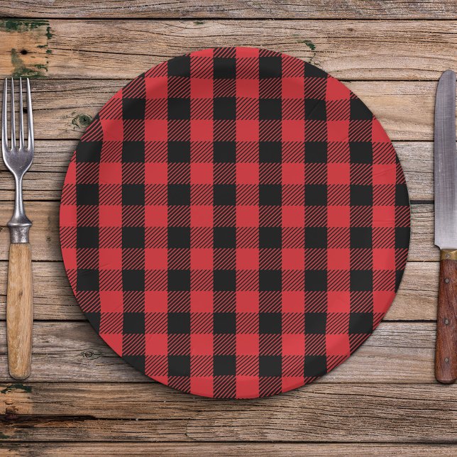 Simple Christmas Holiday Buffalo Check Pattern Paper Plates (Simple rustic red and black buffalo check pattern minimalist paper plate. )