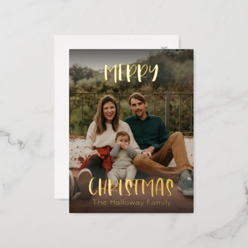 Simple Christmas  Modern Full Photo Gold Foil Holiday Postcard