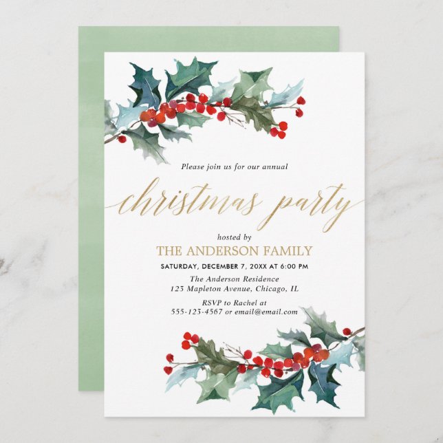 Simple Christmas party greenery red holly gold Invitation (Front/Back)