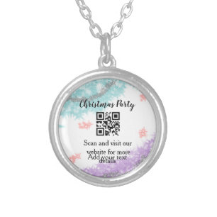 Simple christmas party website barcode QR add name Silver Plated Necklace