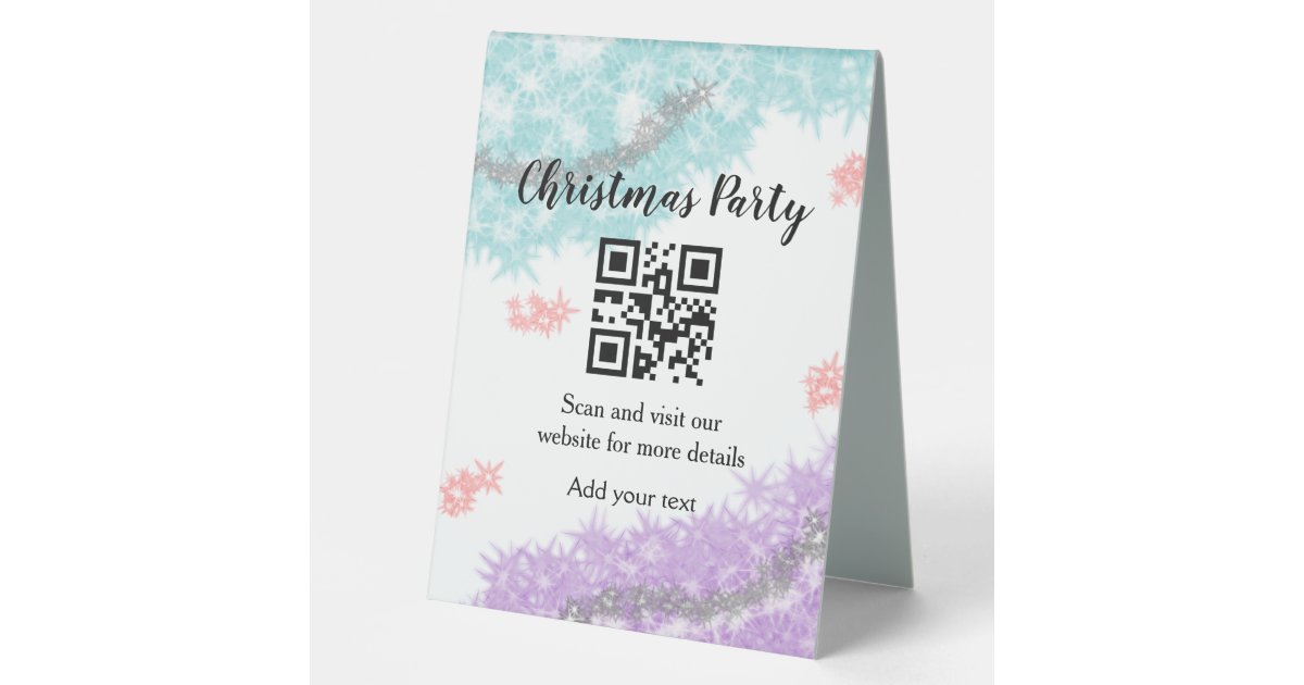 Simple christmas party website barcode QR add name Table Tent | Zazzle