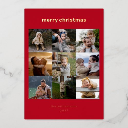 Simple Christmas Photo Collage Modern Red Gold Foil Holiday Card