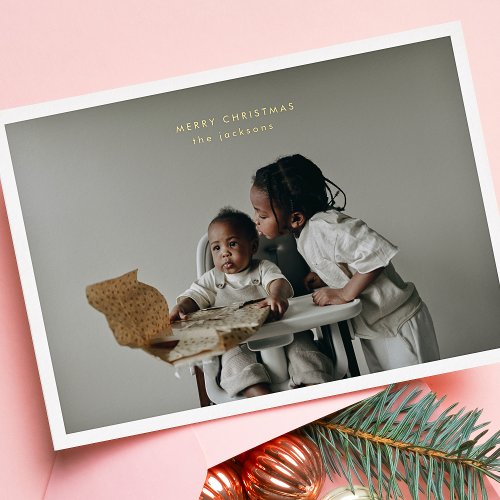 Simple Christmas Photo Frame Custom Text Greeting  Foil Holiday Card