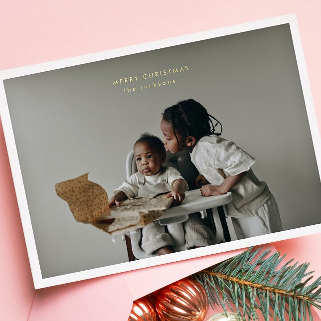 Simple Christmas Photo Frame Custom Text Greeting  Foil Holiday Card (Creator Uploaded)