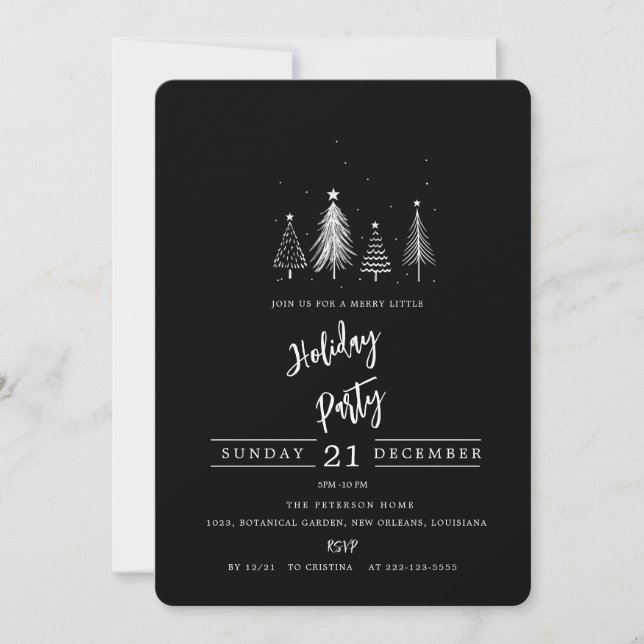 Simple Christmas Pine Tree | Black Holiday Party Invitation (Front)