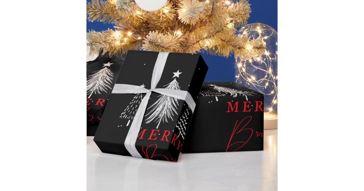 Simple Christmas Pine Tree Merry & Bright, Black Wrapping Paper