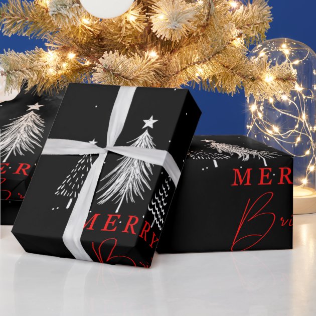 Simple Christmas Pine Tree Merry & Bright, Black Wrapping Paper