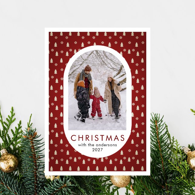 Simple Christmas Pine Tree Pattern family photo Holiday Card (Creator Uploaded)