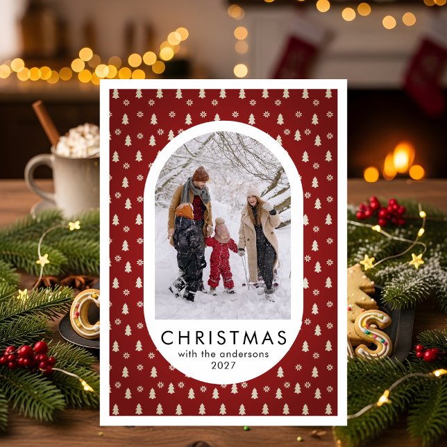 Simple Christmas Pine Tree Pattern family photo Holiday Card (Creator Uploaded)